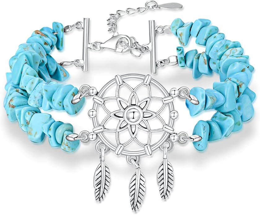 Boho Genuine Turquoise Bracelet for Women Western 925 Sterling Silver Gemstone Tree of Life Dream Catcher Sunflower Bracelets Jewelry for Her
