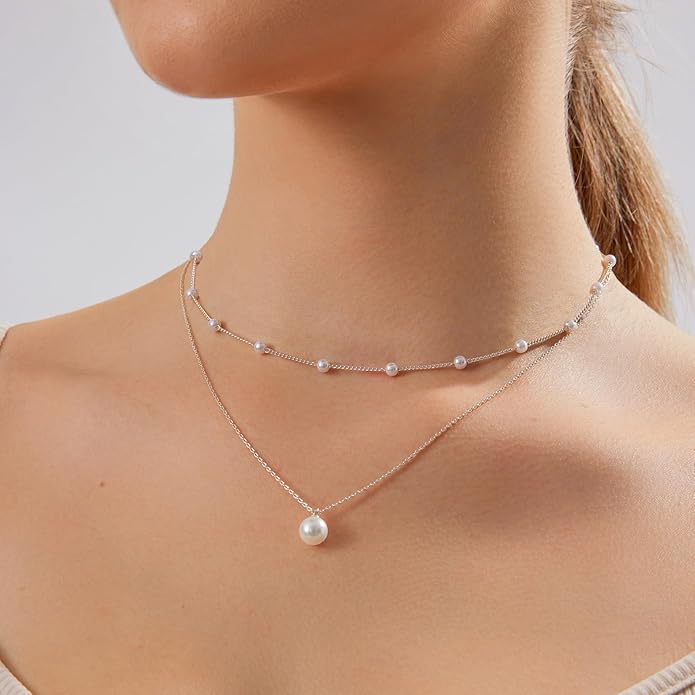Gold Jewelry Set for Women - Dainty 14K Gold/Silver Plated Pearl Choker Necklace, Drop Earrings & Bracelets - Wedding Trendy Pearl Jewelry Gift