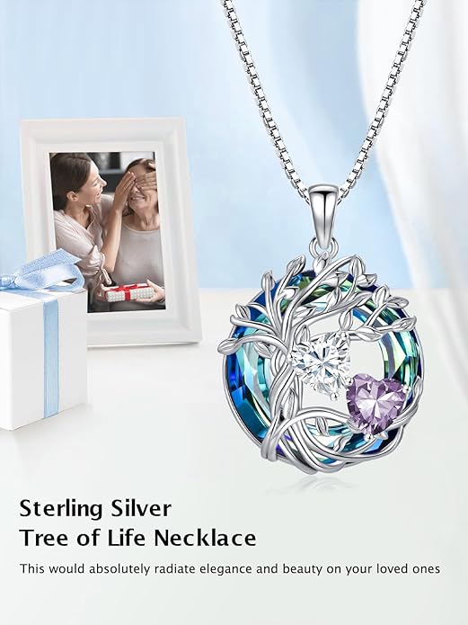 TOUPOP s925 Sterling Silver Family Celtic Tree of Life Pendant Necklaces with 2 Heart Birthstone with Blue Austrian Crystal Jewelry Birthday Anniversary Christmas Gifts for Her Wife Girlfriend Mom (18K Real White Gold Filled)