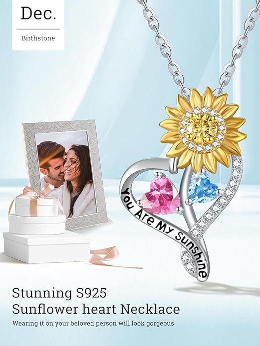 Zeuslia Double Birthstone Necklace Gifts for Wife - 925 Sterling Silver Sunflower/Rose/Crown Cross/Compass/Heart Pendant I Love You Necklace, Anniversary Birthday Gifts for Wife Girlfriend Mom Her