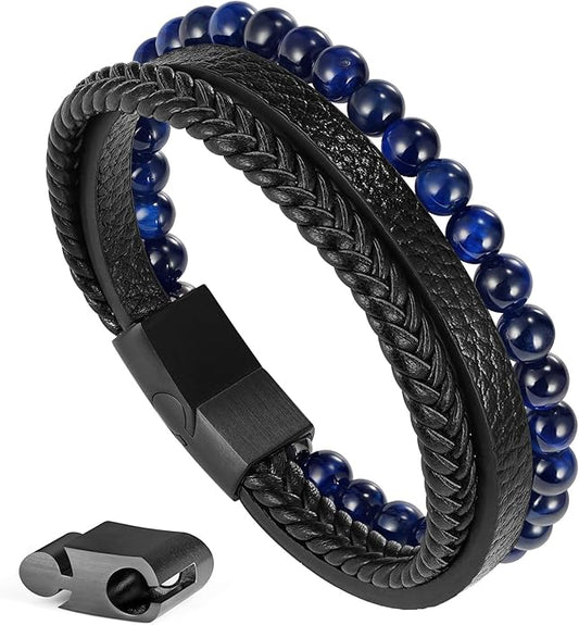 Gifts for Men - Layered Leather Beads Bracelet, Tiger Eye Lava Rock Stone Braided Leather Bracelets for Men Adjustable Magnetic Clasp Birthday Gifts