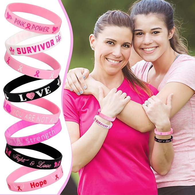 JUNEBRUSHS 64pcs Breast Cancer Awareness Silicone Bracelets Hope Faith Strength Courage Accessories Wristbands for Women Breast Cancer Awareness Gifts Party Supplies Favors (8 Designs)