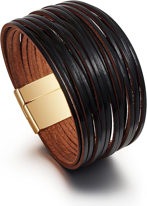 Edoneery Leather Wrap Bracelet for Women, Boho Handmade Multi-Layer Cuff with Crystal Beads Heart, Stackable Bangle Western Jewelry Gift