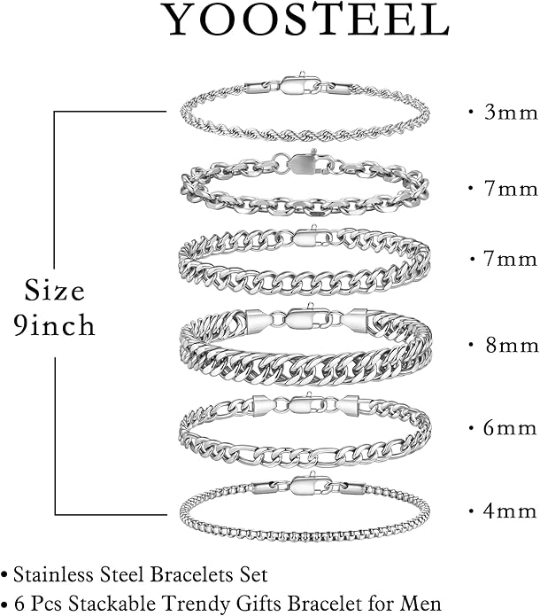 Yoosteel Mens Bracelets - Silver Chain Bracelet Stainless Steel Cuban Link Stack Bracelets Sturdy Rope Paperclip Chains Set 7.5/8.3/9 inches Trendy Jewelry for Men