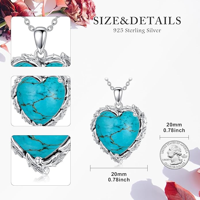 Genuine Turquoise Heart Necklaces for Women 925 Sterling Silver Blue Green Turquoise Pendant Vintage Western Jewelry Gift for Mom Wife Her