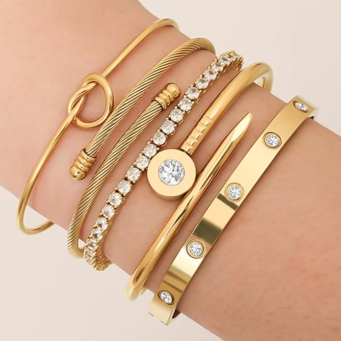 FAFUGA 18 K Gold Plated Love Bangle Bracelet Stack Cuff Jewelry for Women Jewelry Set for Women Gift with Box