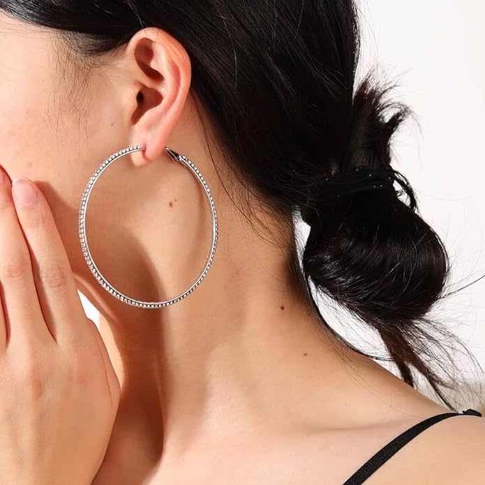 925 Sterling Silver Earrings Large Rhinestone Hoop Earrings Big Cubic Zirconia Hoop Earrings Thin Rhinestones Round Hoop Earrings for Women 20/30/40/50/60/70mm Sparkly Hoops With Crystals for Womens