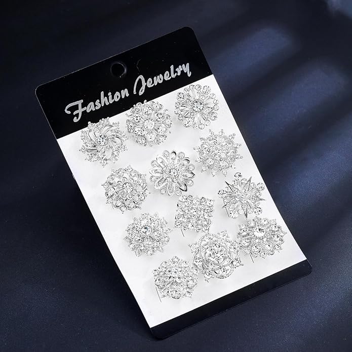 Assorted Small Size Crystal Rhinestone Flower Brooch Pins Set for Crafts Embellishment, Wedding Bouquet Brooches for Women Fashion