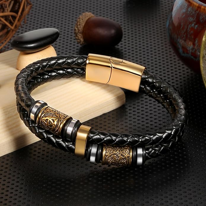 Viking Leather Bracelet For Men Balck Cool Handmade Stackable Jewelry, Faith and Courage Bangle Bracelets