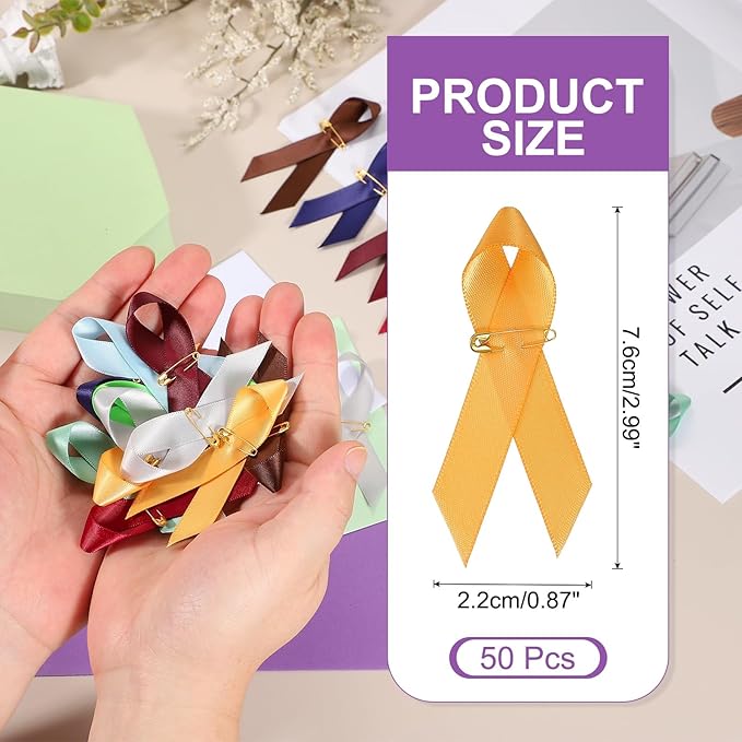 PATIKIL 50 Pcs Polyester Ribbon Satin Pins, Satin Ribbon with Safety Pins for Charity Public Social Event Party Clothing Decoration Anniversary, Gold
