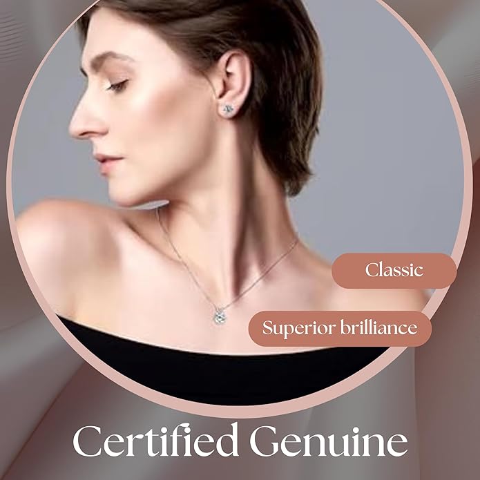 925 Sterling Silver Moissanite Jewelry Set - Classic European Design Necklace Earrings Set with Round Cut Moissanite Pendant - Adjustable Chain - Gift Box