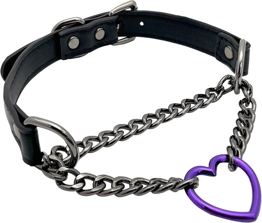 Black Leather Choker Collar For Women, Handmade Heart Slip Chain Choker Long Necklace with Adjustable Buckle