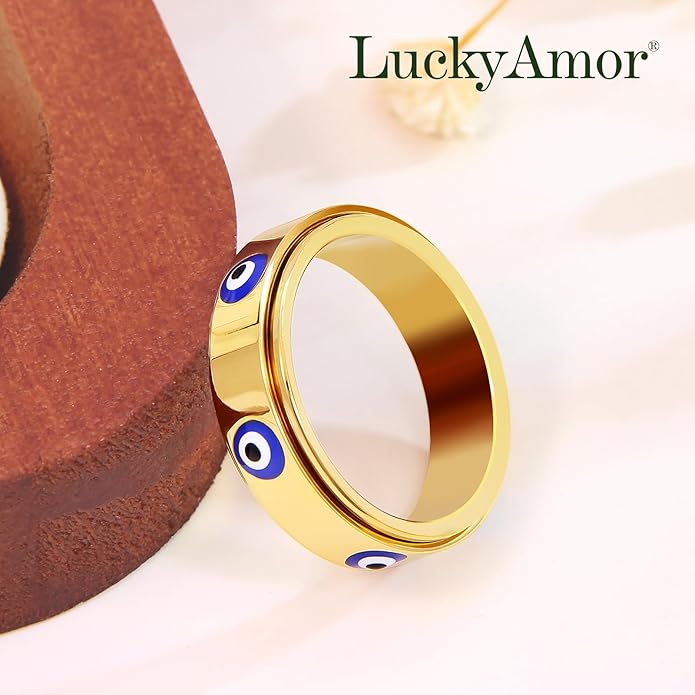 Evil Eye Fidget Ring for Women - 18K Gold Plated Stainless Steel Spinner Rings for Anxiety Relief, Ojo Turco Ring Luck Amulet, Turkish Faith Protection Stackable Jewelry Gift for Women Men