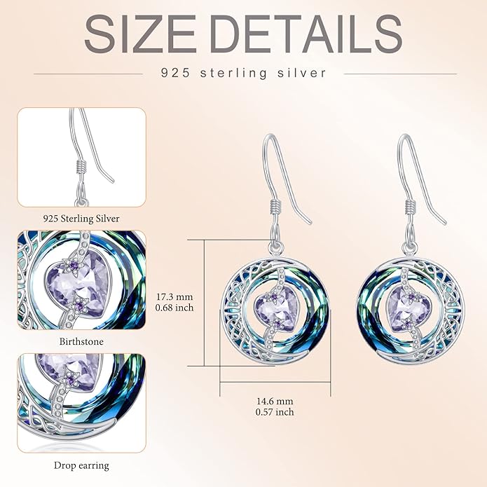 TOUPOP Birthstone Earrings for Women 925 Sterling Silver Moon and Star Dangle Earrings with Blue Crystal BirthdayJewelry Christmas Gifts for Women