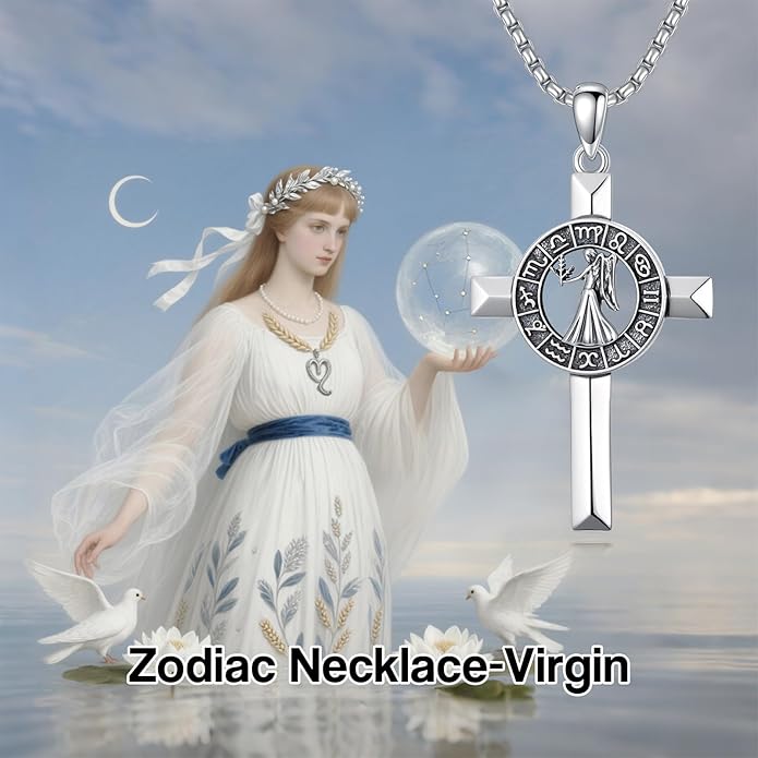 MEIDERBO Cross Zodiac Necklace 925 Sterling Silver 12 Constellation Horoscope Astrology Pendant Necklace Zodiac Sign Jewelry Gifts for Men Women