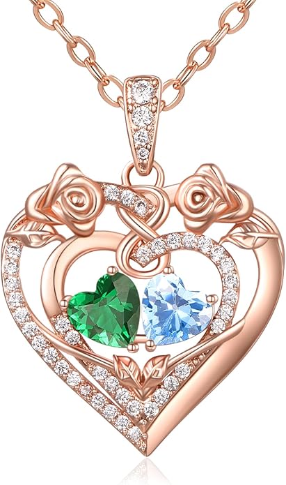 JIYVY32 Rose Heart Necklace for Women Exquisite 925 Sterling Silver Anniversary Birthday Gifts for Wife Mom Her Double Birthstone Pendant Jewelry
