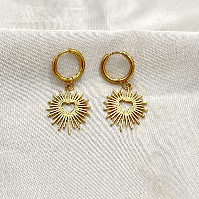 Sunburst Heart Dangle Hoop Earrings, 18K Gold Plated hypoallergenic Stainless Steel Cute Jewelry for Women daily Wear