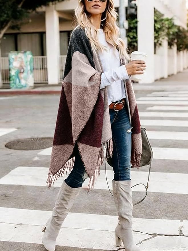 Moss Rose Women's Travel Plaid Shawl Wrap Open Front Poncho Cape for Fall Winter