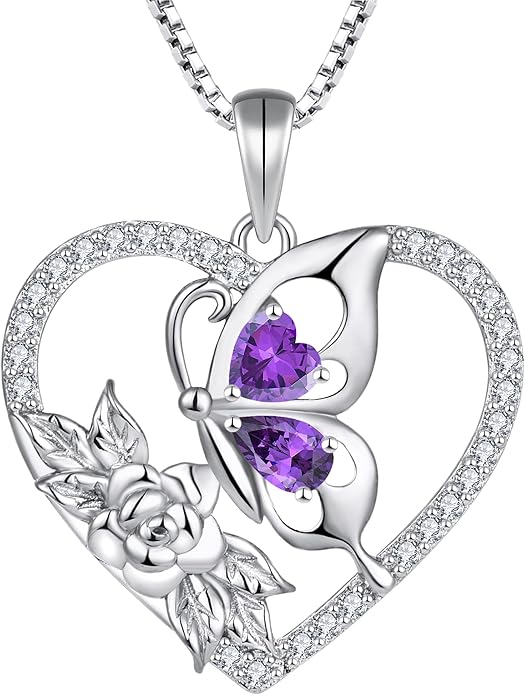 YL Women's Butterfly Necklace 925 Sterling Silver Flower Rose Pendant Birthstone Halo Jewelry