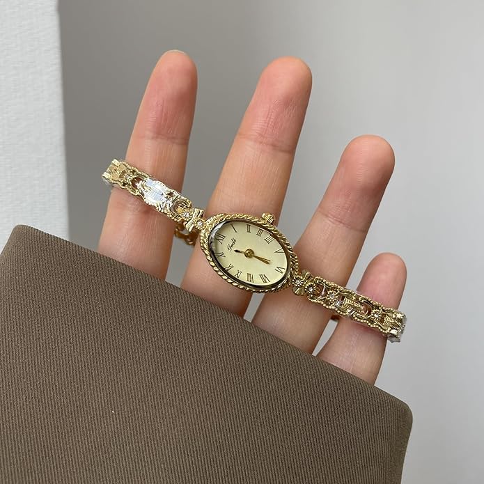Women's Vintage Oval Watches Luxury Minimalism Bracelet Small Gold Tone Watch Ladies Analog Waterproof Watch Fashion Bangle Bracelet Dress Watch with Stainless Steel Band