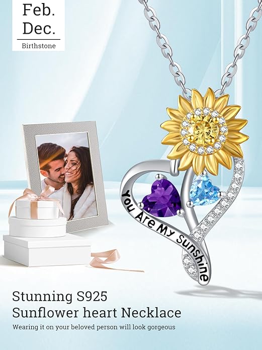 Zeuslia Double Birthstone Necklace Gifts for Wife - 925 Sterling Silver Sunflower/Rose/Crown Cross/Compass/Heart Pendant I Love You Necklace, Anniversary Birthday Gifts for Wife Girlfriend Mom Her
