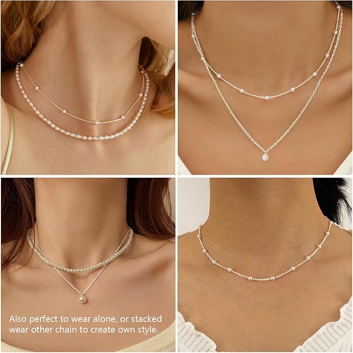 DIBOLA Gold Jewelry Set for Women, Dainty Layered 14K Gold/Silver Pearl Choker Necklaces and Earring Set Pearl Earrings Bracelets Wedding Bride Jewelry