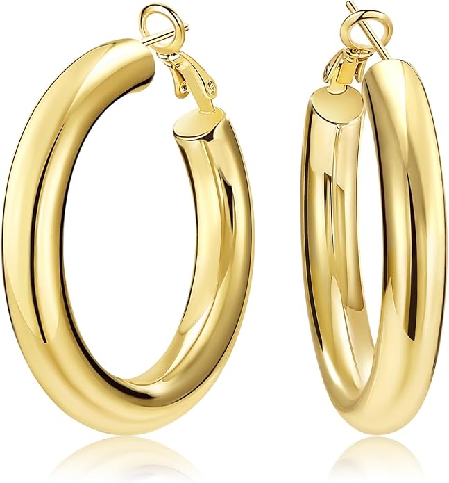 SHOWNII Chunky Gold Hoop Earrings - 14K Gold Plated Earrings for Women Hollow Tube Thick Hoops Graduation Gifts for Her