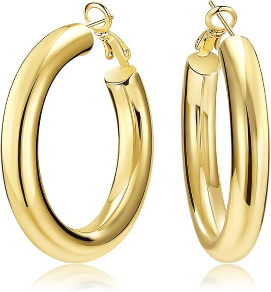 SHOWNII Chunky Gold Hoop Earrings - 14K Gold Plated Earrings for Women Hollow Tube Thick Hoops Graduation Gifts for Her