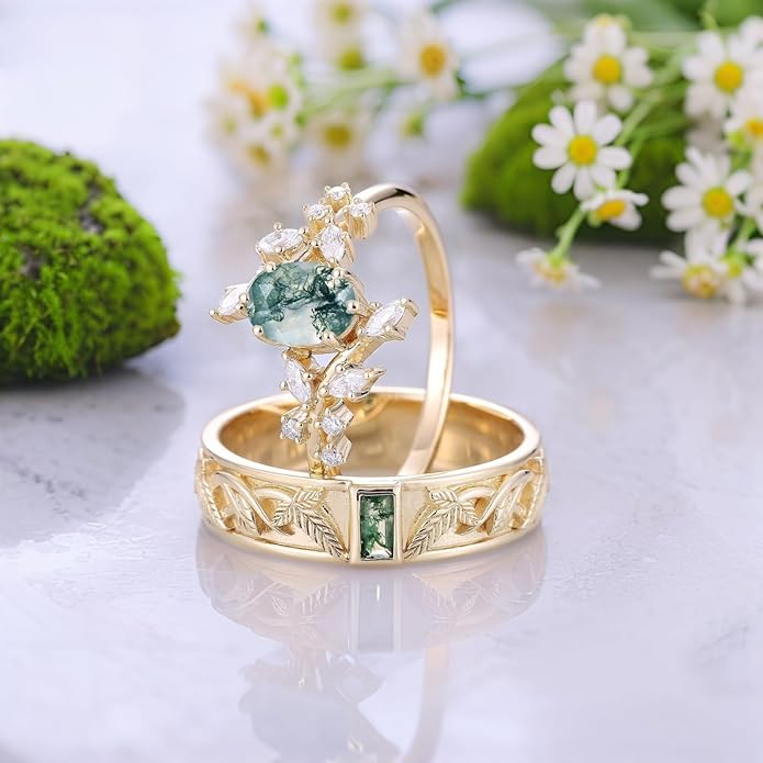 Moss Agate Promise Rings for Couples, 925 Sterling Silver/10K 14K 18K Solid Gold Natural Moss Agate Wedding Rings for Him And Her, Vintage Leaf Matching Couple Rings Anniversary Jewelry Gift