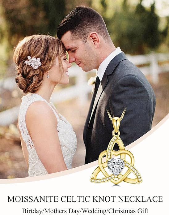 1CT Heart Moissanite Celtic Knot Necklace for Women, 925 Sterling Silver Diamond Trinity Knot Celtic Pendant Necklace Irish Jewelry, Birthday Christmas Valentines Day Gift for Her Wife Mom, 18+2 Inch