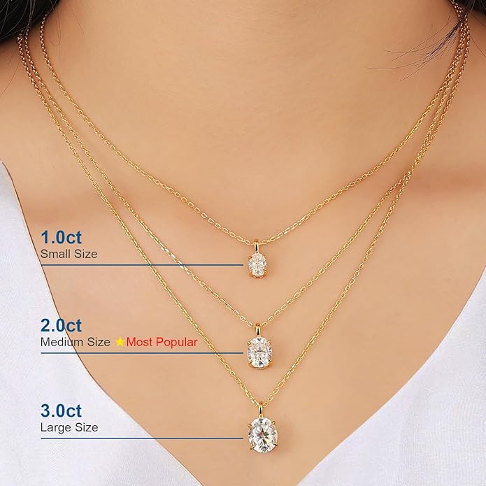 Moissanite Necklace for Women 0.1-12.0CT(3-15mm) Oval/Round Cut Moissanite Pendant 18k Gold Plated Sterling Silver Necklace D Color VVS1 Solitaire Pendant with 18+2 Inch Chain Jewelry for Mom/Wife