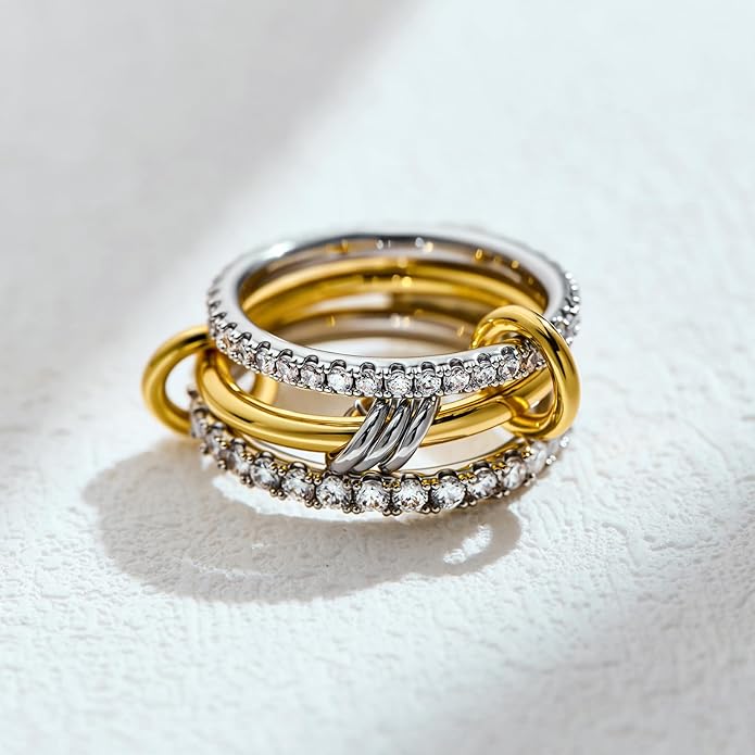 AllenCOCO 14K Gold Plated Stackable Rings, 3 Ring Set with CZ Cubic Zirconia, Gold & Silver Stacked, Multi-Link Connected Interlocking Band for Women Statement Hypoallergenic Upgraded Craft