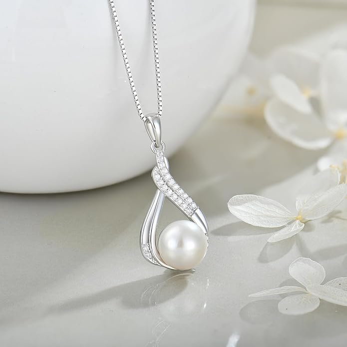 Veshon Celtic Infinity Pearl Pendant Necklace for Women, 925 Sterling Silver Good Luck Irish Pendant with 10MM Freshwater Cultured Pearl, White/Rose/ 14K Gold Plated Jewelry Gift