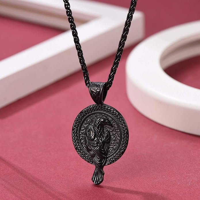 FaithHeart Viking Raven Necklace for Men, Norse Mythology Raven Skull Pendant Sturdy Stainless Steel Amulet Jewelry Gift for Men