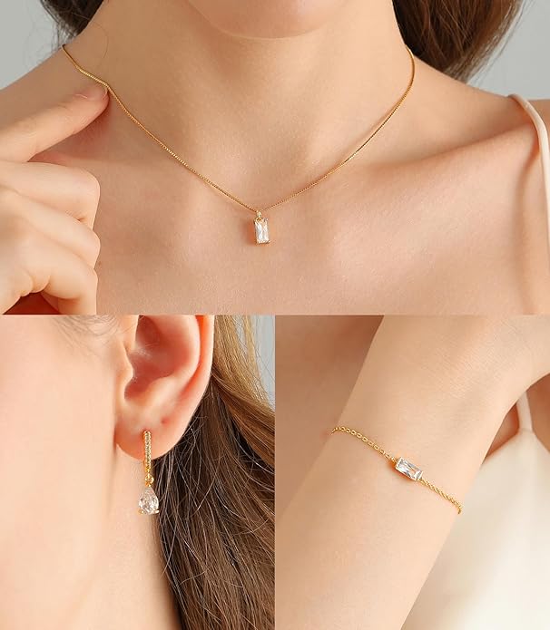 Birthstone 14K Gold Plated Bracelets Earrings Necklaces Jewelry Set， Blue Green May Cubic Zirconia，Friendship Bracelets Jewelry Gifts for Mom Best Friend Birthday