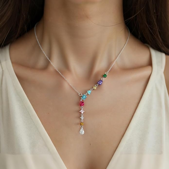 Y Necklace for Women Irregular Y2k Colored Crystal Pendant Fashion Sweet Jewelry Silver