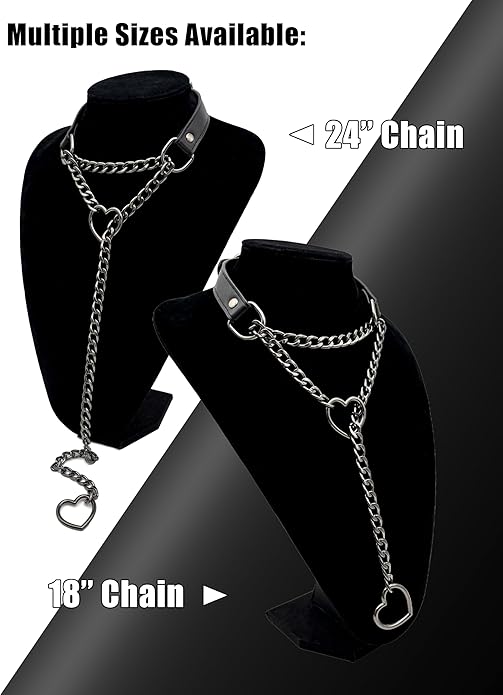 Black Leather Choker Collar For Women, Handmade Heart Slip Chain Choker Long Necklace with Adjustable Buckle