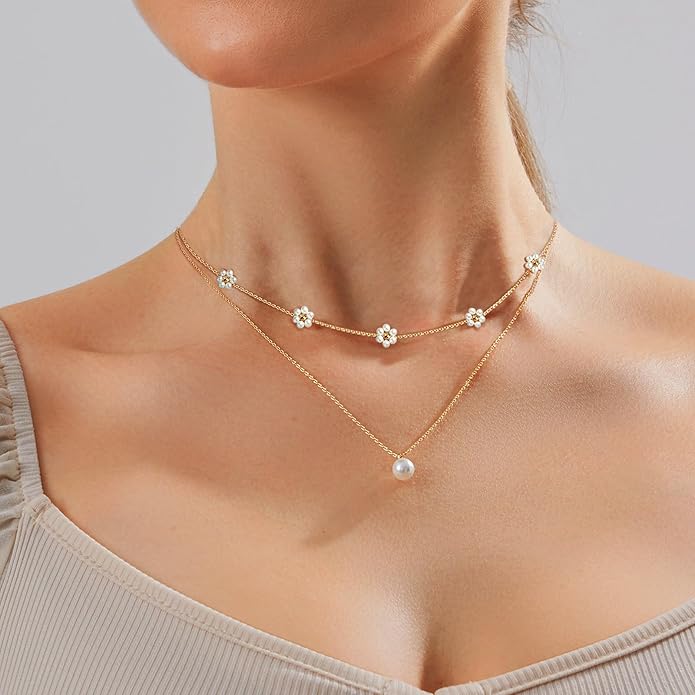 Zeffy Gold Pearl Necklace for Women, Dainty 14K Gold/Silve Plated Layered Pearl Choker Pearl Earrings Pearl Bracelets Wedding Trendy Gold Jewelry Set for Women Gifts