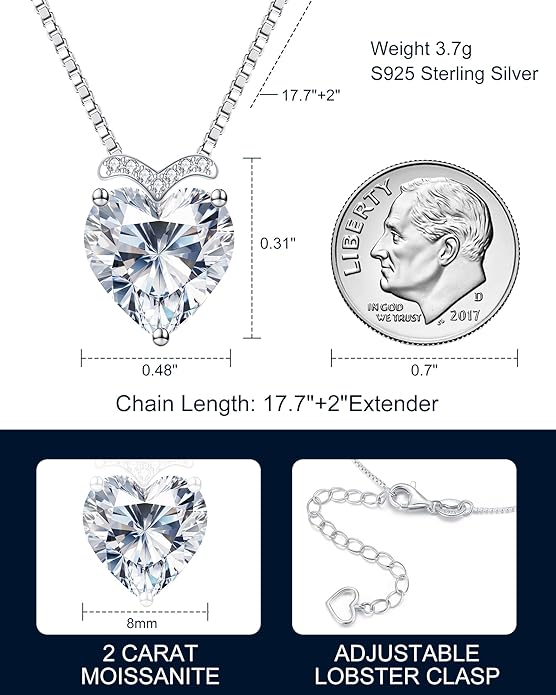 Forever Love Heart Pendant Necklaces for Women, 2-5 Carat Heartshape Moissanite Sterling Silver Pendant Jewelry, Ideal Anniversary Present or Birthday Gifts for Wife Her Girlfriend Mom Daughter