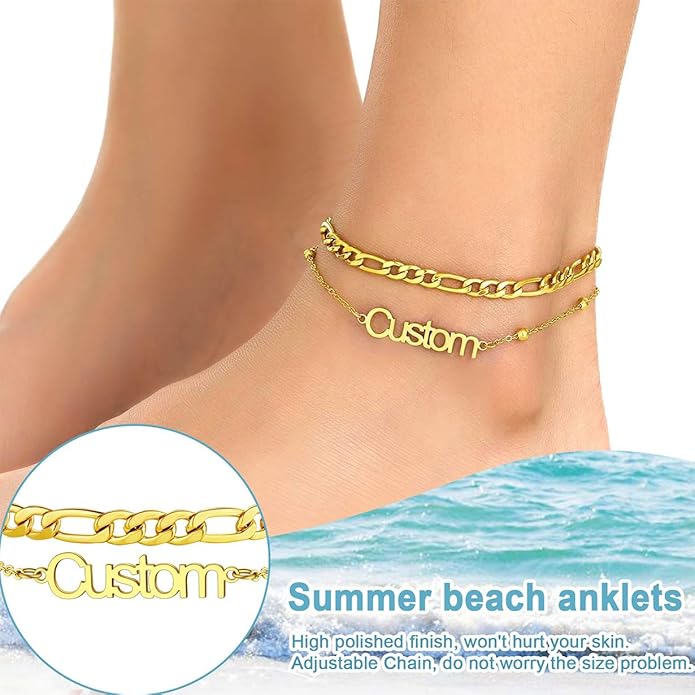 U7 Custom Layered Ankle Bracelets for Women Stainless Steel Bead/Cuban/Figaro/Rope/Wheat Chain Anklet Waterproof Anklet Jewelry for Beach Vacation