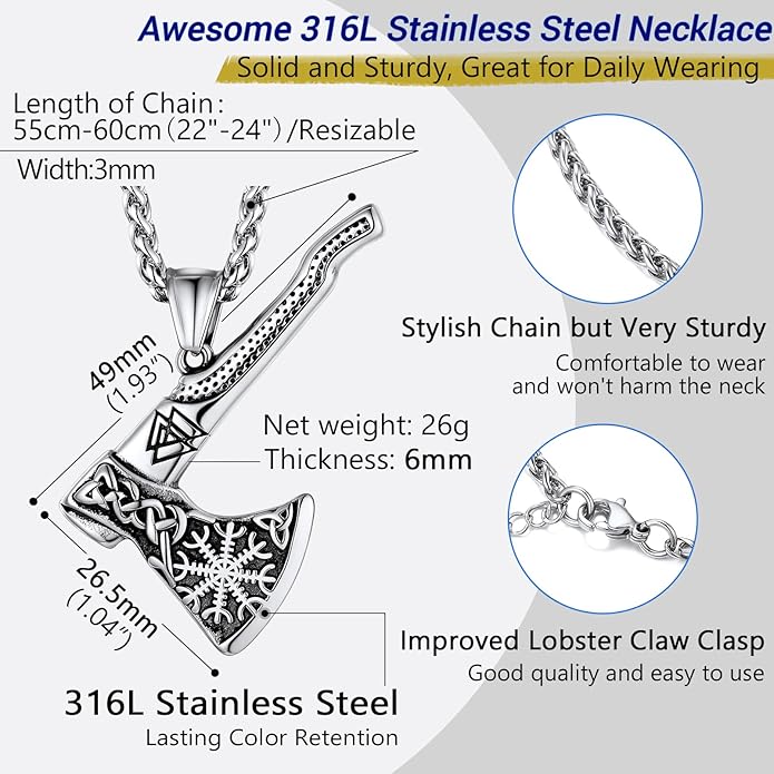 PROSTEEL Norse Viking Jewelry for Men Women, Vintage Thor Hammer/Thor Axe/Raven/Odin Necklace, 316L Stainless Steel Pendant Chain, Come with Box