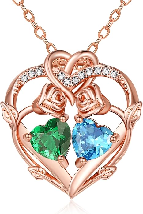 Rose Gold Necklaces for Women Double Birthstone Rose Flower Heart Pendant Necklace Jewelry Anniversary Christmas Valentine's Mother's Day Birthday Gift for Wife Mom Her Girlfriend Sister