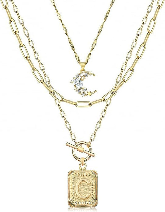 MJartoria Layered Initial Necklaces for Women Trendy, 14K Gold Plated Brass Simple Moon Choker Square Letter Pendant Necklace, Paperclip Chain Necklaces Jewelry Gifts