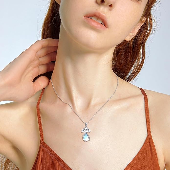 YAFEINI Mushroom Necklace Moonstone/Moss Agate/Malachite/Labradorite/Turquoise/Amber/Larimar/Black Onyx/Lapis Lazuli/Peridot/Opal Sterling Silver Mushroom Pendant Mother's Day Jewelry for Women Mom
