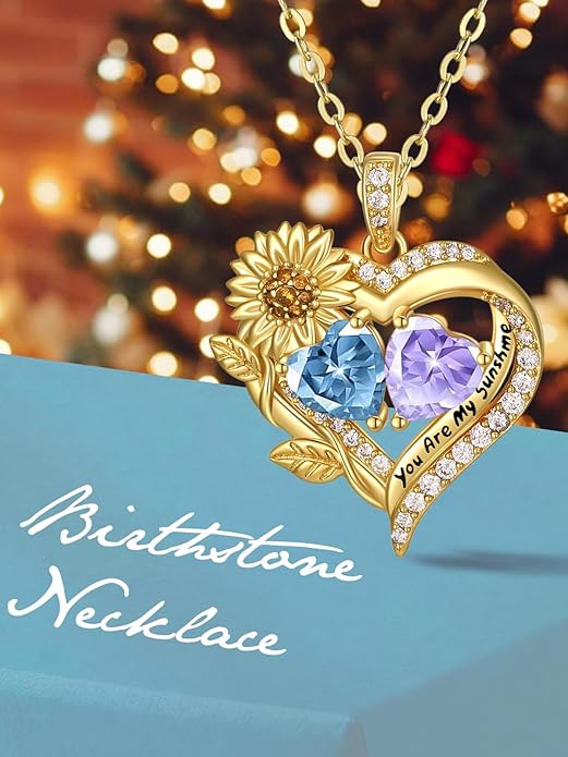 Sunflower Heart Necklace for Women 14K Gold Exquisite Anniversary Birthday Gifts for Wife Mother Her Double Birthstone Pendant jewelry‘You Are My Sunshine’