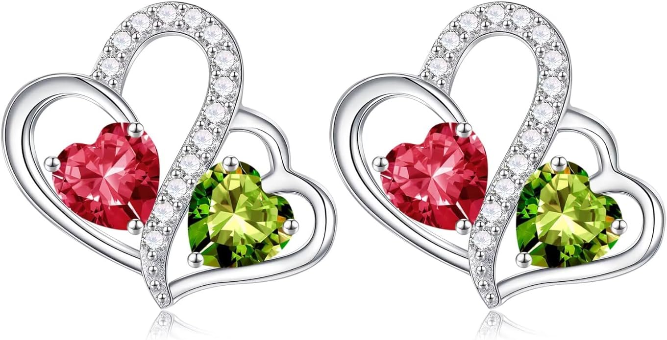 Iefil Valentines Day Gifts for Her - Birthstone Earrings Gift for Women, 925 Sterling Silver Double Heart Birthstone Earrings | Anniversary Birthday Gifts for Women, Personalized Jewelry for Wife Mom