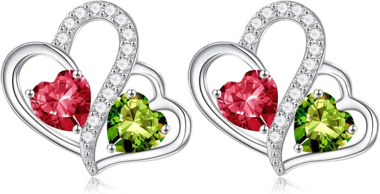 Iefil Valentines Day Gifts for Her - Birthstone Earrings Gift for Women, 925 Sterling Silver Double Heart Birthstone Earrings | Anniversary Birthday Gifts for Women, Personalized Jewelry for Wife Mom