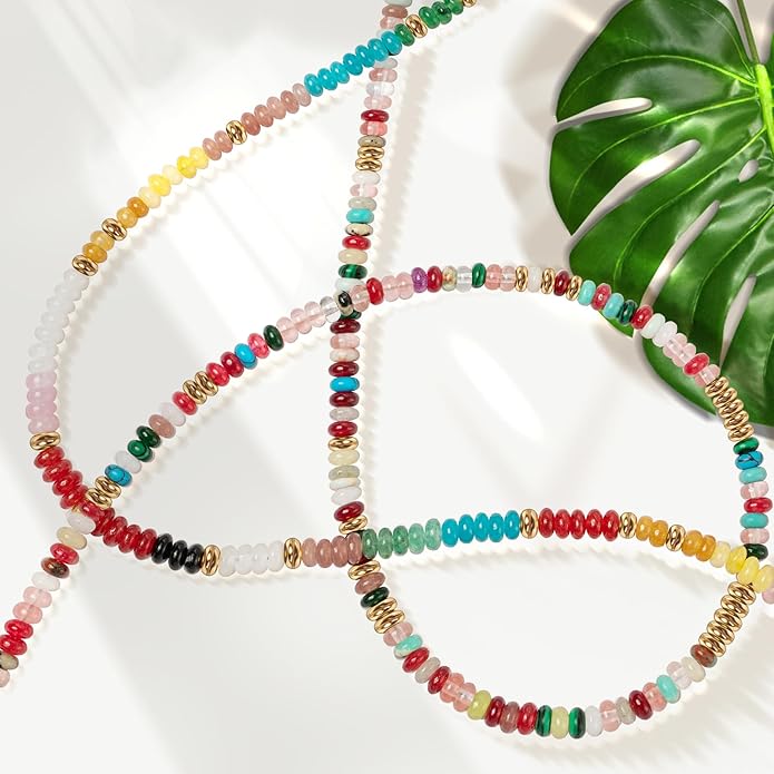 AGOT Beaded Gemstone Necklace for Women: Boho Bead Choker Natural Stone Necklaces - Handmade Jewelry for Summer Beach