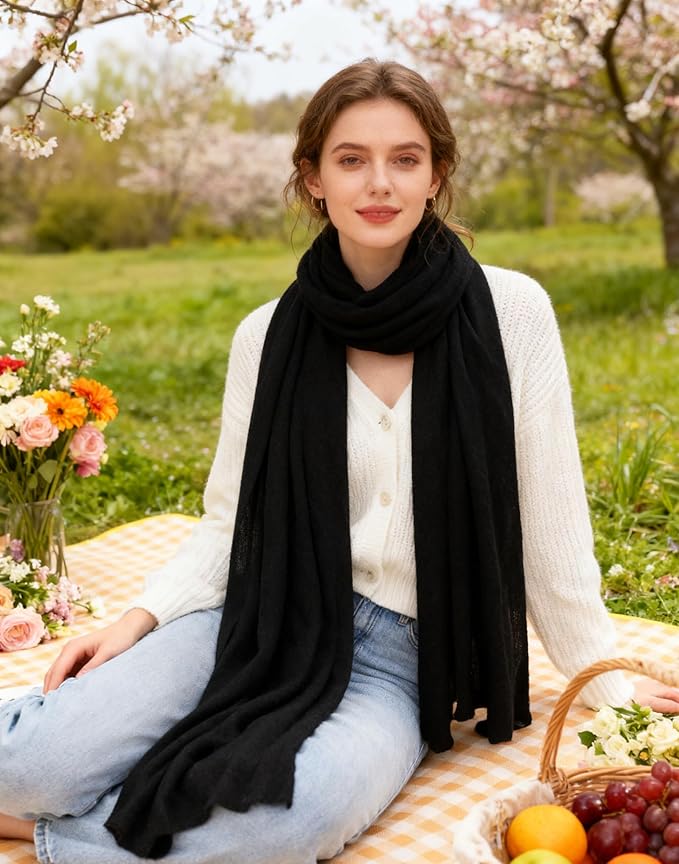 WASALUYA 100% Cashmere Scarf for Women - Knitted Lightweight Travel Wrap, Soft Large Shawl, 71x24 Inches, Luxury Gift