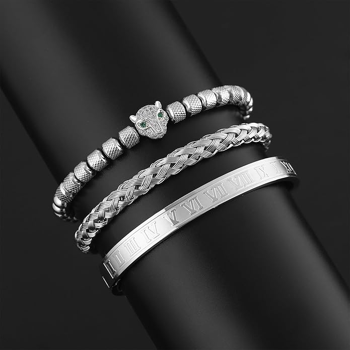 WFYOU 3PCS Stainless Steel Bracelets for Men Gold Roman Numeral Bangle Bracelet Twisted Cable Bracelet Adjustable Cuff Bracelet Mens Luxury Jewelry Bracelets Gifts